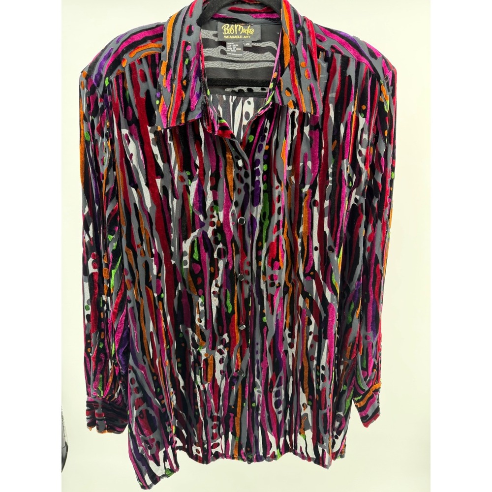 Bob Mackie Wearable Art 2X Blouse Velvet Burnout Multicolor Abstract Plus